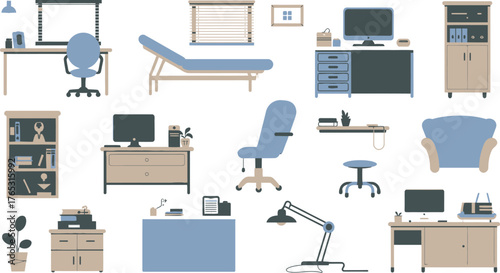 Illustration of Home Office Furniture, Desks, Chairs, Bookcases, and Equipment in Blue and Tan Colors