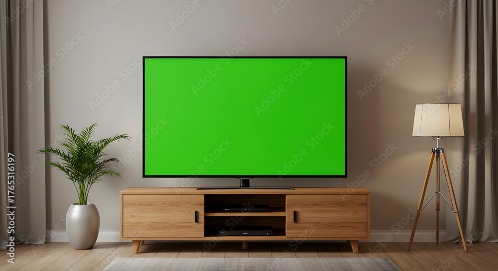 Fototapeta premium Green Screen TV in Cozy Living Room — TV Layar Hijau di Ruang Tamu Nyaman