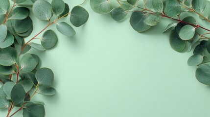 Eucalyptus branches form a frame on a pastel green background, leaving a central empty space