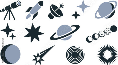 Illustration of Space Exploration Elements Telescope, Rocket, Planets, Stars, and Celestial Bodies