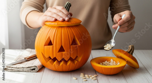 Person scooping seeds from a carved pumpkin with a spoon, preparing for Halloween.