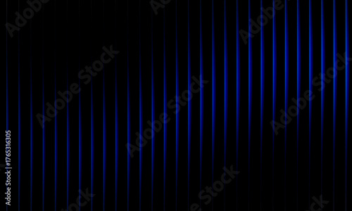 Abstract blue wave light pattern with glowing vertical gradient lines on black background, futuristic energy pulse digital design illustration