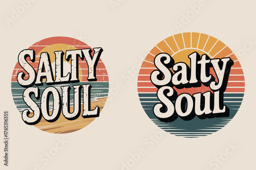 Two Retro Salty Soul Graphics With Sunsets And Stripes vintage text