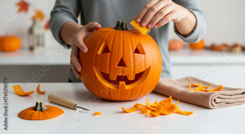 Person carving a smiling jack-o'-lantern face during Halloween preparations, close-up view.