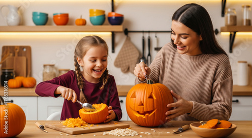 A mother and daughter carve a smiling jack-o'-lantern together in a bright kitchen, scooping out the pumpkin's insides.