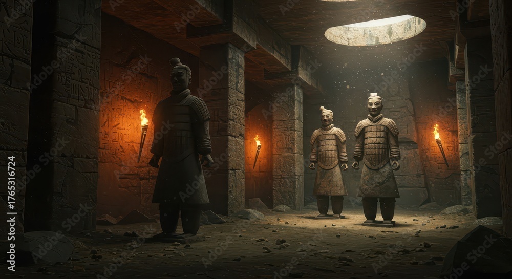 Fototapeta premium Ancient clay figures stand guard within a dimly lit underground chamber illuminated by torches and overhead light