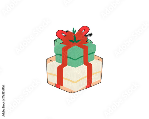 Festive Stack A Charming Illustration of Two Holiday Gifts Decorated with a Red Ribbon and Green Foliage