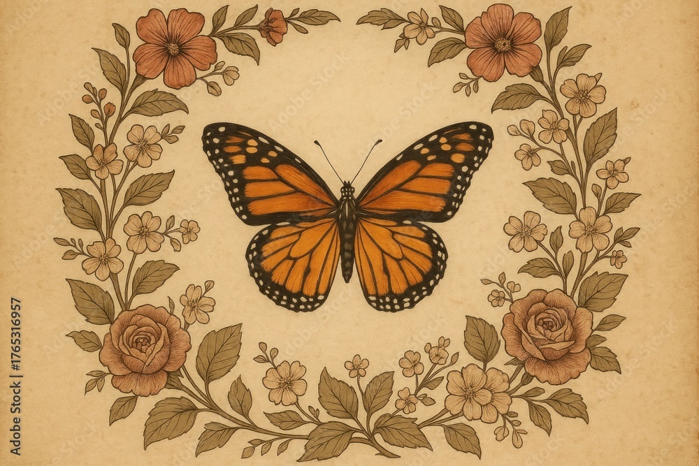 Fototapeta premium Vintage butterfly floral art background