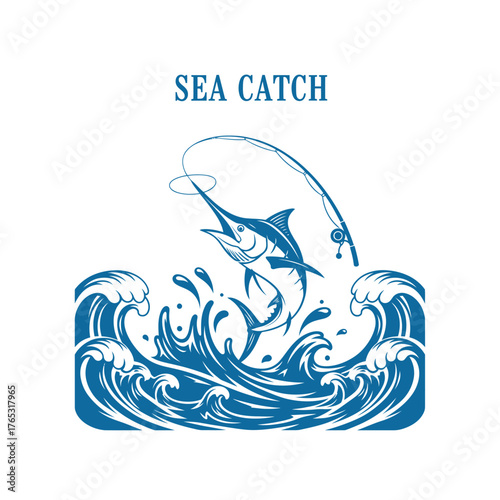 Vintage Marlin Fish Jumping Ocean Wave Vector Graphic