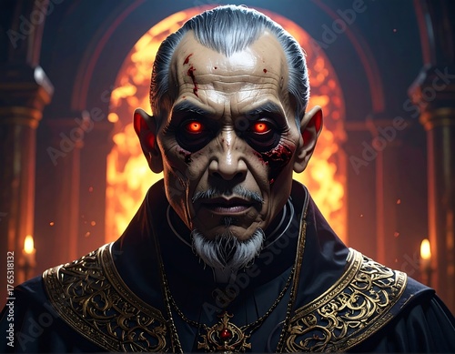 Elderly man with fiery red eyes, injured, wearing ornate robes