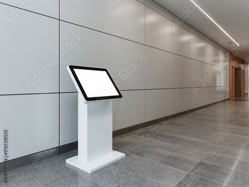 Blank screen mockup on a digital kiosk in a modern hallway. Empty information totem for an office, mall, or airport.