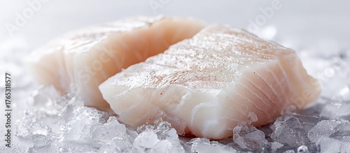 Two raw, white fish filets sit on crushed ice, ready to be prepared