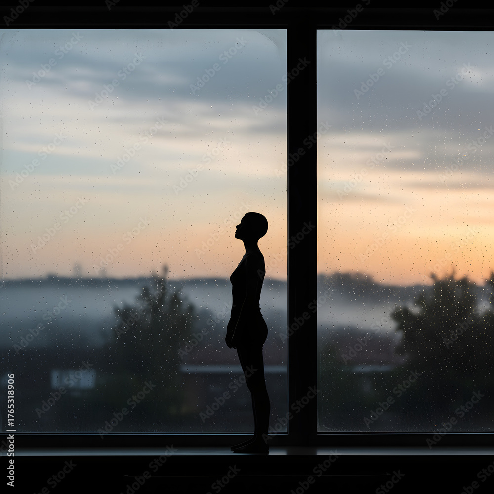 Fototapeta premium Silhouette of a person by a window at sunset