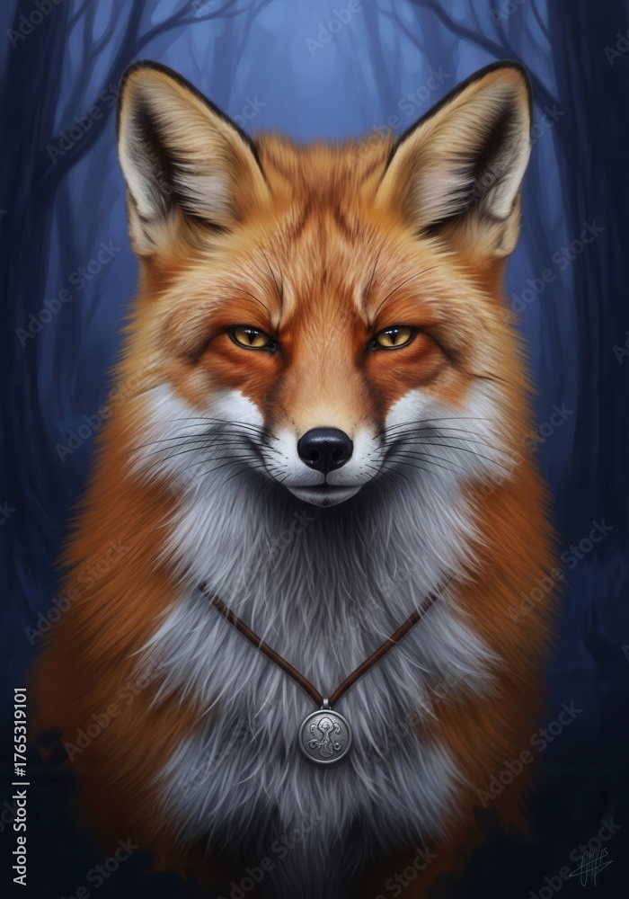 Fototapeta premium A red fox with a necklace on it's neck in the woods