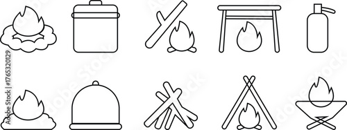 Campfire Icon set ,Fire Flame, Bonfire, Camping, Outdoor Adventure, Nature Travel, Night Camp, Heat Source, Survival, and Wilderness Symbols in Modern Flat Vector Style, simple campfire with flames,