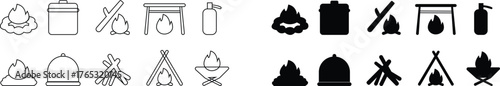 Campfire Icon set ,Fire Flame, Bonfire, Camping, Outdoor Adventure, Nature Travel, Night Camp, Heat Source, Survival, and Wilderness Symbols in Modern Flat Vector Style, simple campfire with flames,