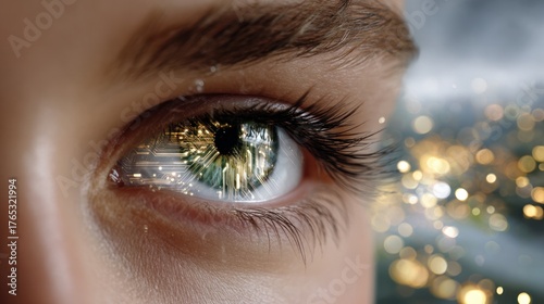 Vision of the Future: An eye reflects digital city lights, symbolizing the potential for human connection and innovation in the world.