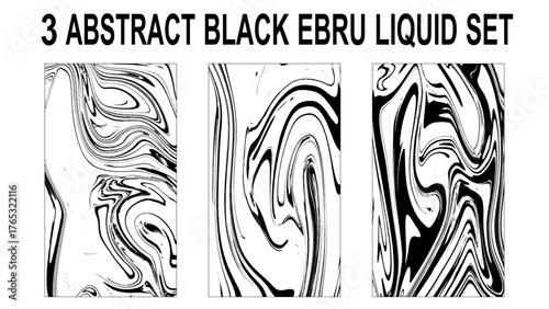 Set of abstract backgrounds. Ink marbling textures. Black and white. Hand drawn marble illustrations, ebru aqua art