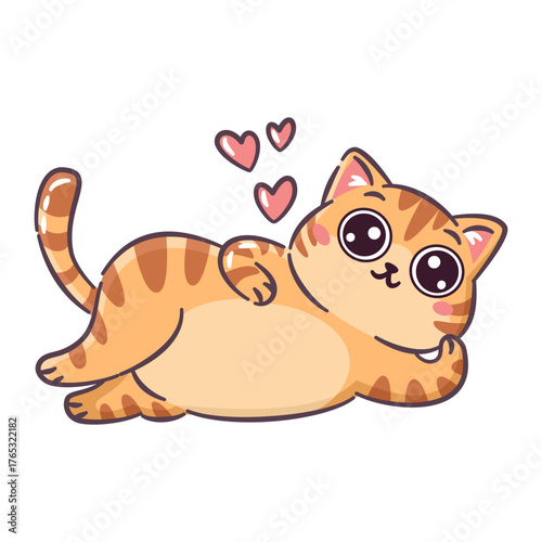 A cute cat lies on its side and flirts, a cat in love and hearts. A cute vector illustration in a simple style. Vector illustration
