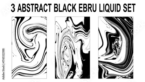 Set of abstract backgrounds. Ink marbling textures. Black and white. Hand drawn marble illustrations, ebru aqua art