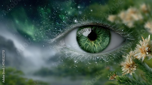 The Eye of Nature: A mesmerizing vision of the natural world, with an eye gazing out at the breathtaking landscape, stars, and mist.