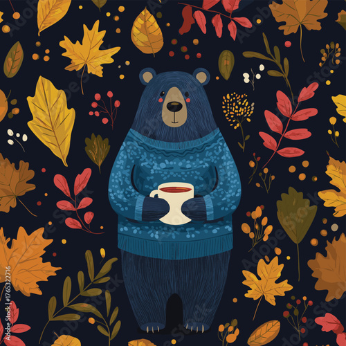 seamless pattern cute cartoon bear with autumn leaves and warm drink. cute animal pattern for autumn background and wallpaper