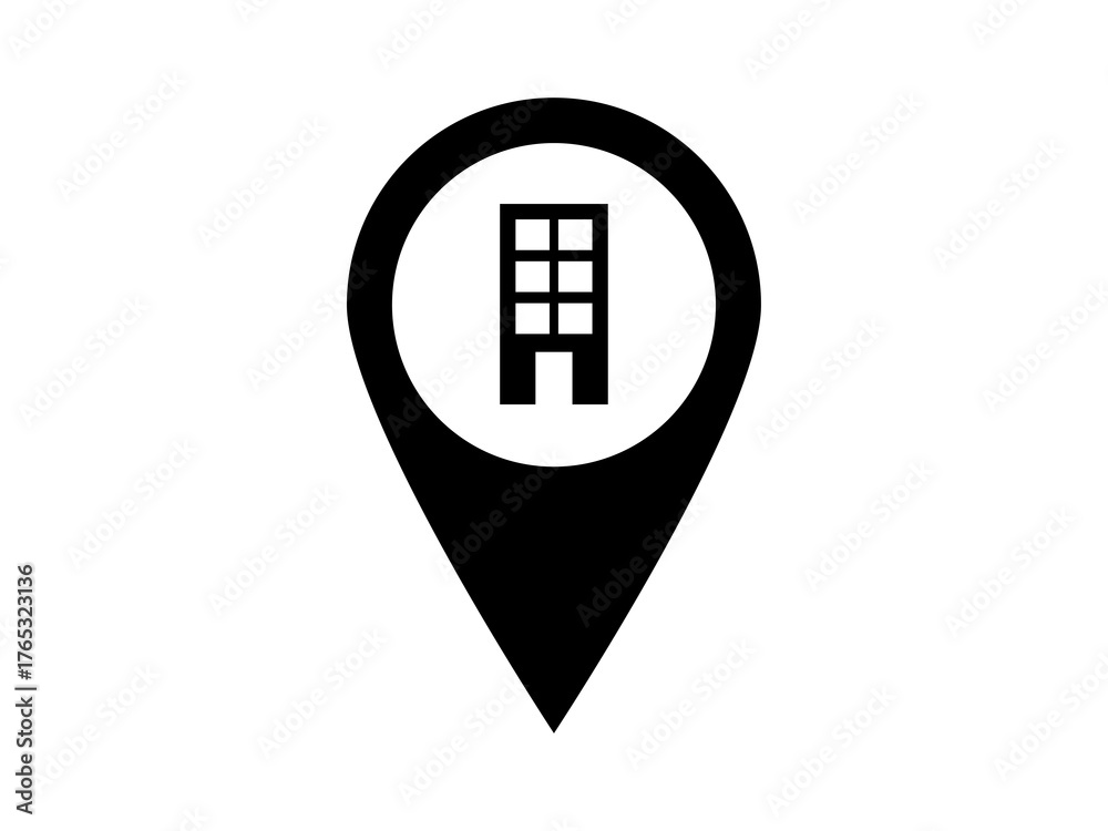 Fototapeta premium Black map pointer pin containing a building icon signifying office location or business address isolated on white.