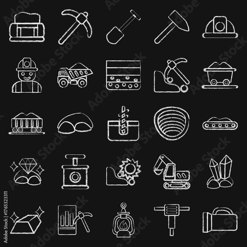 Icon set of mining. Gold mining elements. Icon in chalk style.