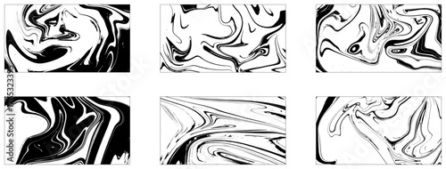Collection of 6 black and white ebru liquid marble image. Vector bundle
