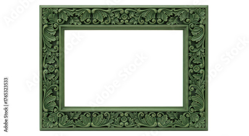 Ornate antique green carved wooden picture frame isolated on transparent background
