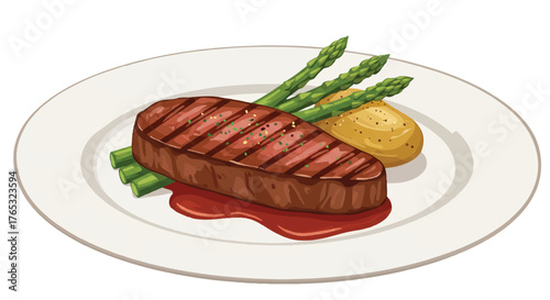 Illustration of grilled steak with asparagus and potato on a white plate with red sauce