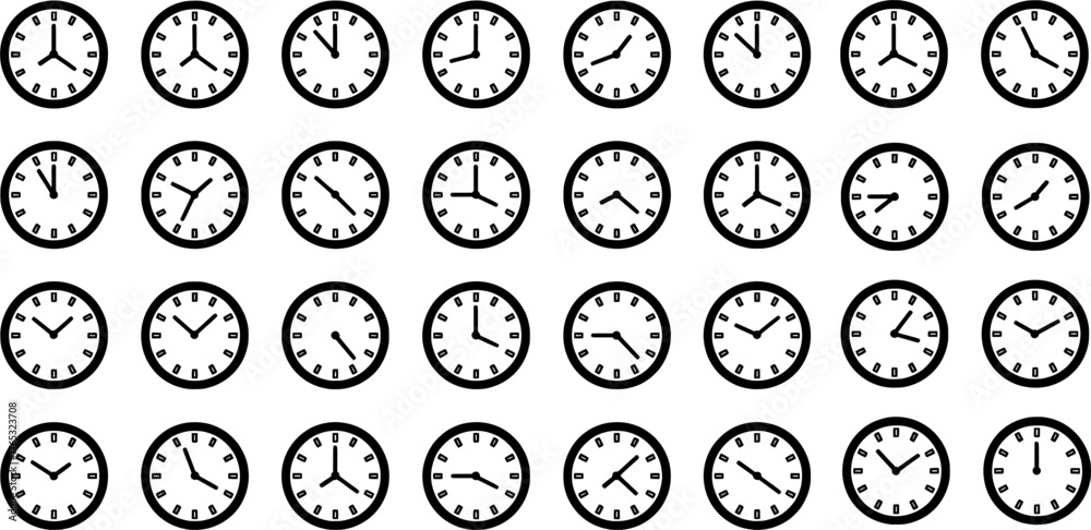 Fototapeta premium Minimal Clock Icon Set in Outline Style Representing Time, Schedule, and Punctuality Concept - Analog Clock Icon set.