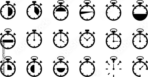 Stopwatch and Timer Vector Icons Representing Time Measurement, Sports, and Precision Concept