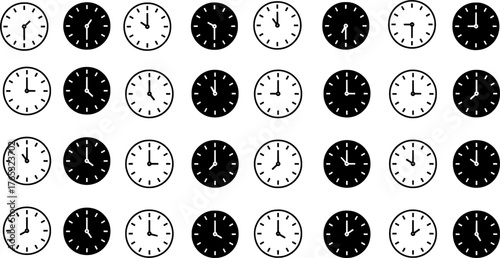 Black and White Analog Clock Vector Set Representing Time, Routine, and Daily Schedule Concept - Set of time and clock icons