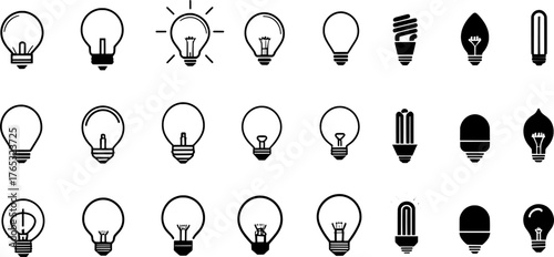 Black Light Bulb Vector Icon Set Representing Ideas, Innovation, Energy, and Creativity Concepts