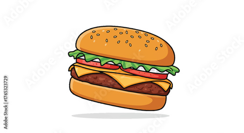 A detailed illustration of a cheeseburger with lettuce, tomato, and cheese on a white background.