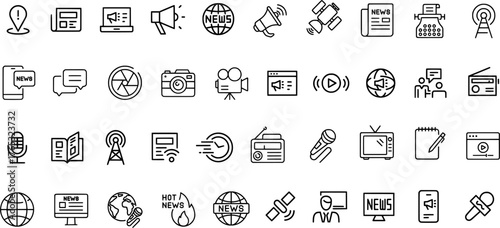 News and Media Vector Line Icon Set - Representing Journalism, Broadcasting, and Press Communication Concepts