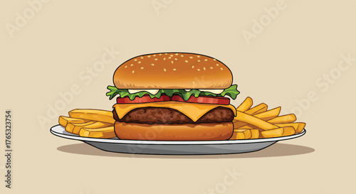 Illustration of a cheeseburger and fries on a plate against a beige background.