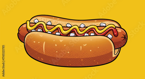 A cartoon hot dog topped with mustard, ketchup, and onions on a yellow background.