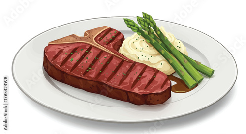 Grilled steak with roasted asparagus and mashed potatoes on a white plate
