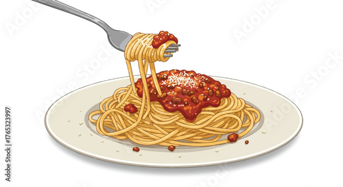 A plate of spaghetti with tomato sauce being picked up by a fork against a plain white background.