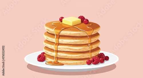Stack of pancakes with butter, syrup, and raspberries on a white plate against a pink background