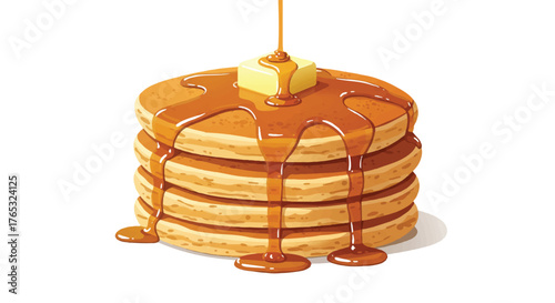 Stack of pancakes with melting butter and syrup on top against white background