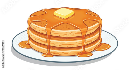 Stack of pancakes with syrup and butter on a white plate with a clean background.