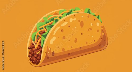 Illustration of a taco with lettuce and beans on an orange background