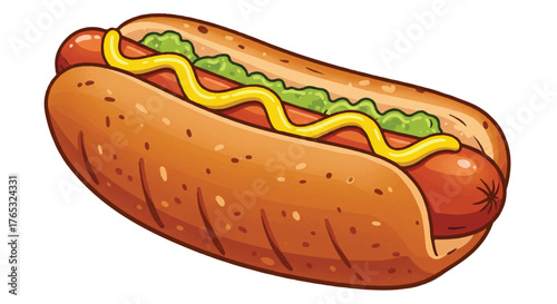 Illustration of a hot dog with ketchup, mustard and relish on a white background.