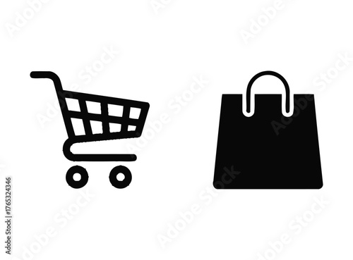 Shopping cart and shopping bag icons symbolizing commerce and retail on a white background