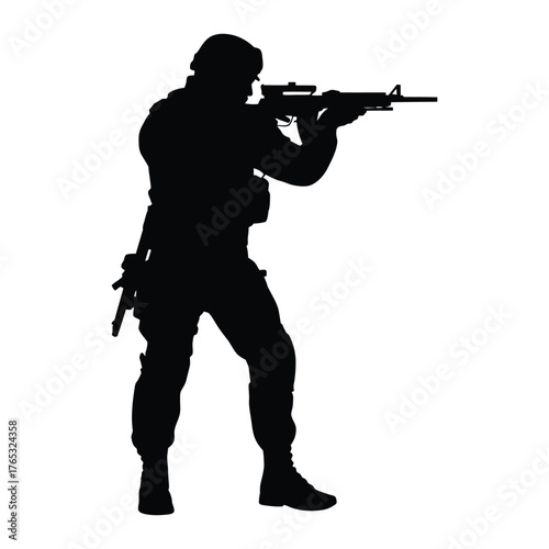 Silhouette of a soldier aiming a rifle in a combat stance against a white background