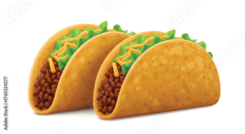 Three crispy tacos filled with beans and toppings on a white background