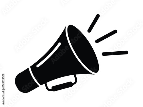 Black silhouette of a megaphone with sound waves emanating outwards on a white background